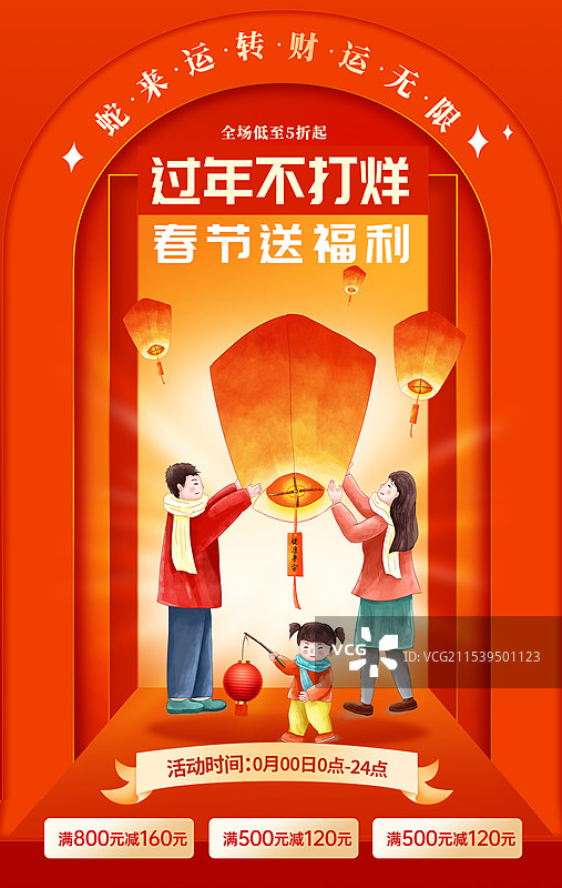 2025年蛇年中国新年祝福贺卡模版  放生祈福顺星节 一家三口放孔明灯祈福 春节促销广告 竖版图片素材