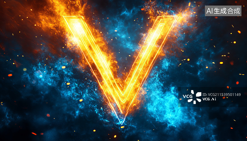 【AI数字艺术】抽象V形黄蓝色发光科技概念背景图片素材