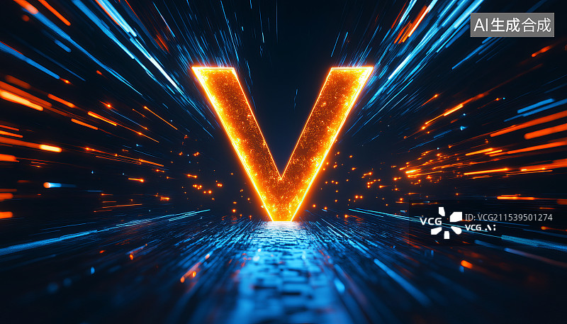 【AI数字艺术】抽象V形黄蓝色发光科技概念背景图片素材