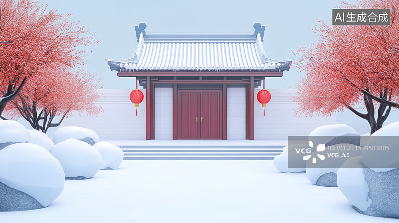 【AI数字艺术】冬天雪中的中式建筑庭院灯笼图片素材