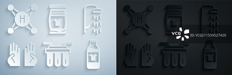 水过滤器、淋浴、橡胶手套、瓶子设置图片素材