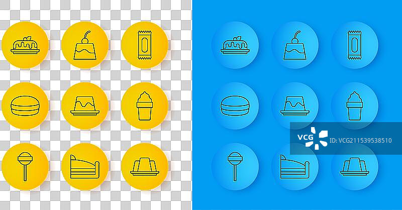 一排甜点：棒棒糖、马卡龙、饼干、布丁和奶油蛋羹图片素材