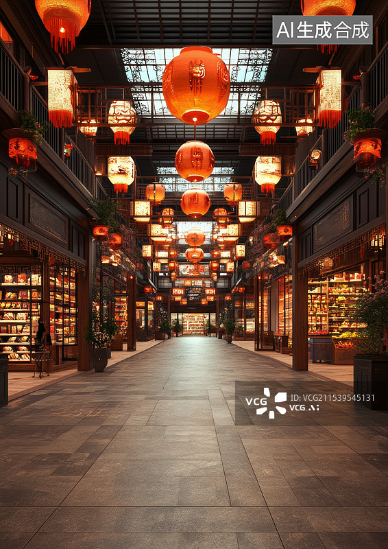 【AI数字艺术】新潮插画商业街里的花灯展图片素材