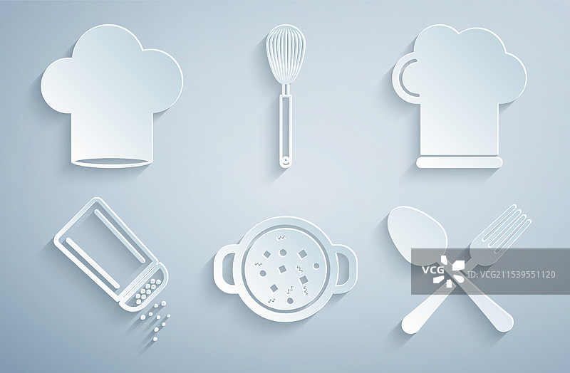 厨师帽下的厨师在锅中煮汤，旁边有盐和胡椒。图片素材