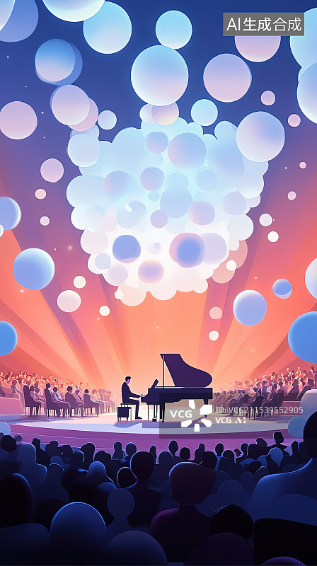 【AI数字艺术】未来主义音乐厅钢琴演奏平面插画图片素材