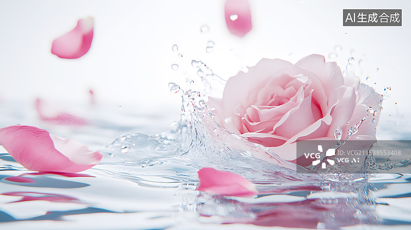 【AI数字艺术】AIGC：粉色玫瑰花在水中和飞溅的花瓣和水珠 情人节海报背景插图图片素材