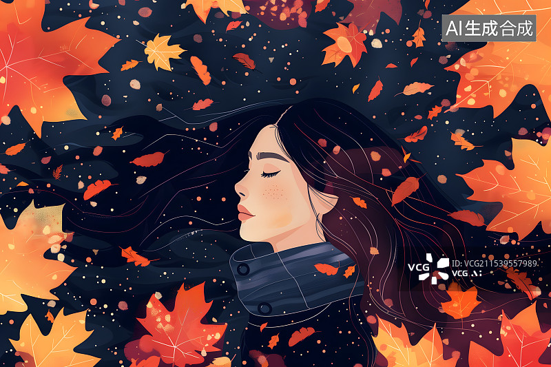 【AI数字艺术】枫叶和女孩侧脸图片素材