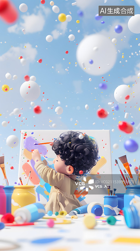【AI数字艺术】儿童作画，欢乐氛围图片素材
