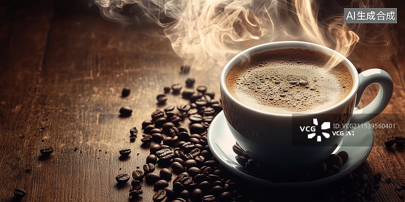 【AI数字艺术】带有蒸汽的咖啡杯，周围散落着咖啡豆，展现丰富质感和鲜明色调，非常适合饮品概念和咖啡品牌展示。图片素材