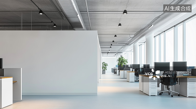 【AI数字艺术】现代办公室内景，配有一面大空白墙壁，简约时尚设计，完美光线和高清细节，非常适合用于演示、广告或工作空图片素材