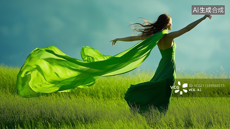 【AI数字艺术】一位活力四射的女性在绿草地上挥舞绿色丝带，捕捉生动的动态和细腻细节的完美构图。图片素材