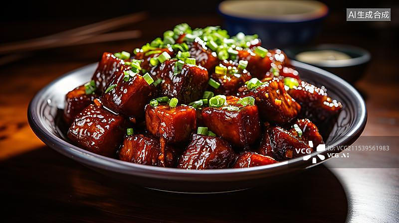 【AI数字艺术】木质背景前一碗美味的红烧肉图片素材