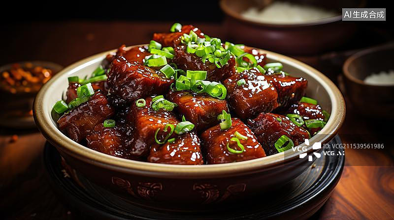 【AI数字艺术】木质背景前一碗美味的红烧肉图片素材