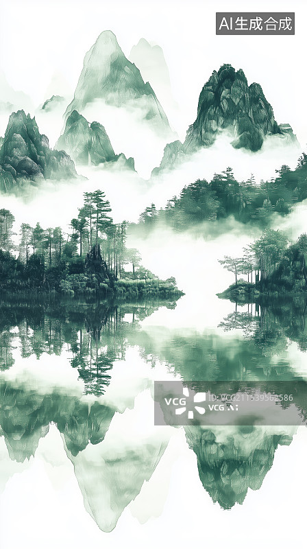 【AI数字艺术】水墨青绿山水画卷图片素材