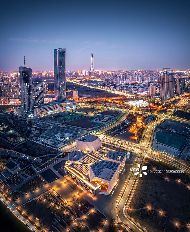 天津滨海新区夜景全景航拍图片素材