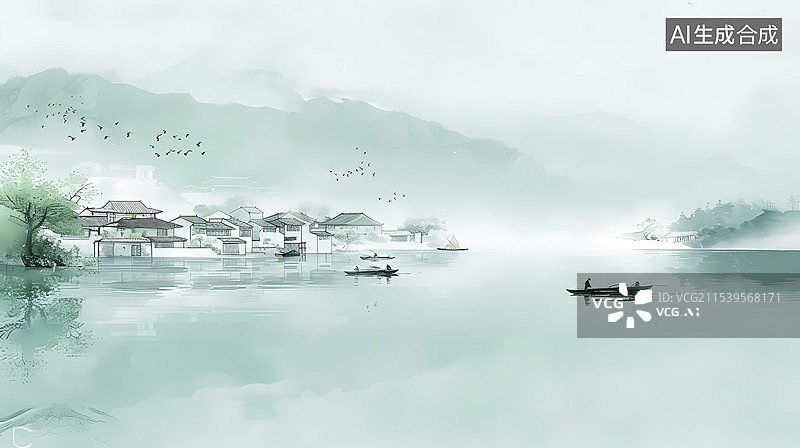 【AI数字艺术】传统中国青色湖面山水画插画海报背景图片素材