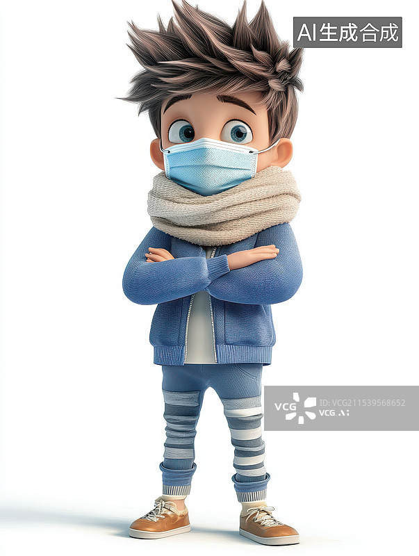 【AI数字艺术】感冒戴口罩站姿的卡通三维全身男孩图片素材