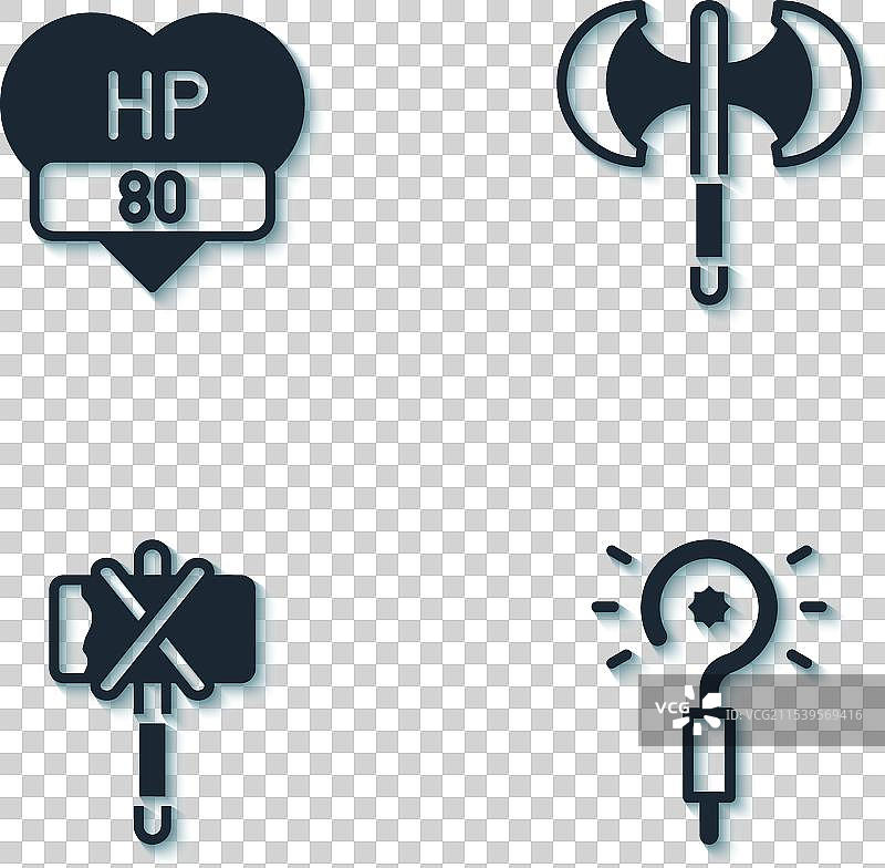 设置视频游戏酒吧，魔法棒，中世纪斧头和图片素材