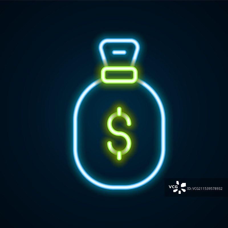 发光的霓虹线钱袋图标，孤立于背景上图片素材