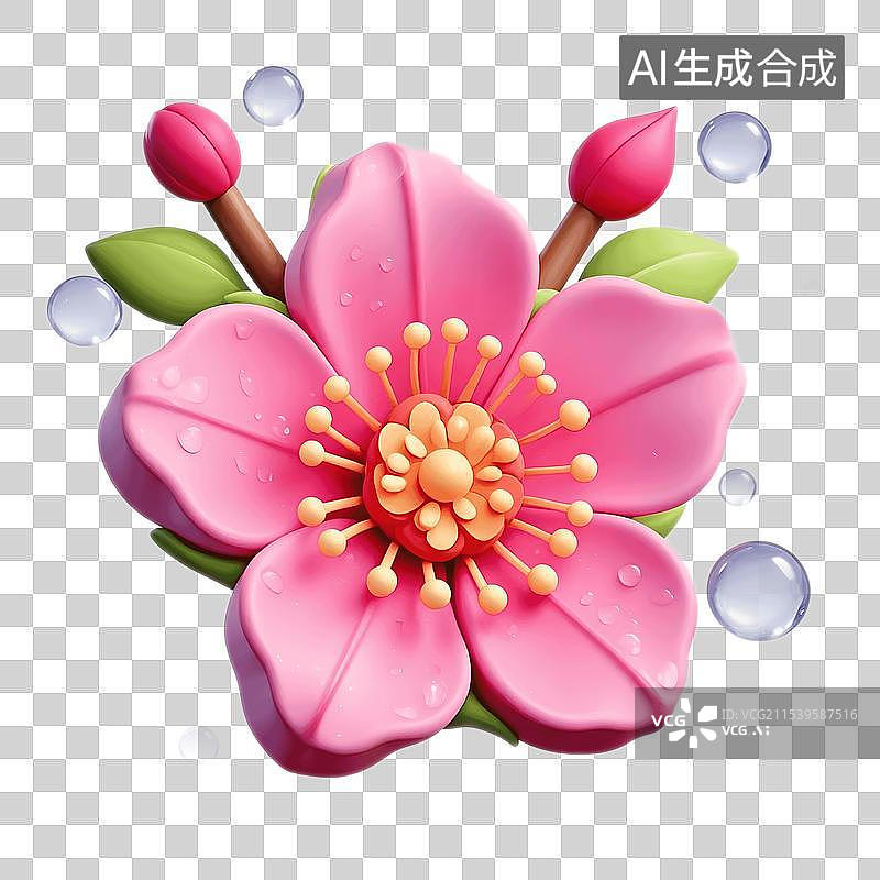 【AI数字艺术】桃花特写卡通插画，三维立体风格，春天设计元素图片素材