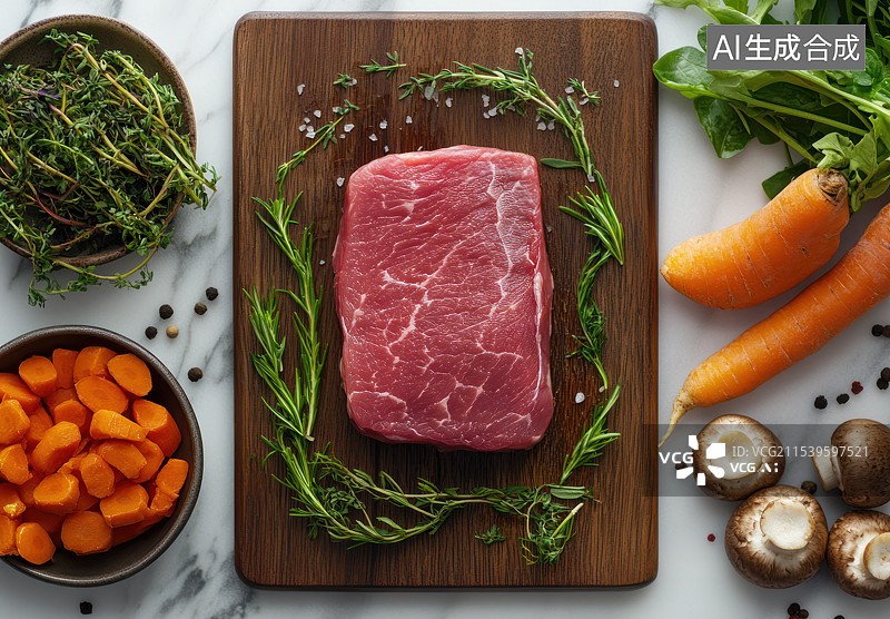 【AI数字艺术】放在案板上的新鲜牛排图片素材