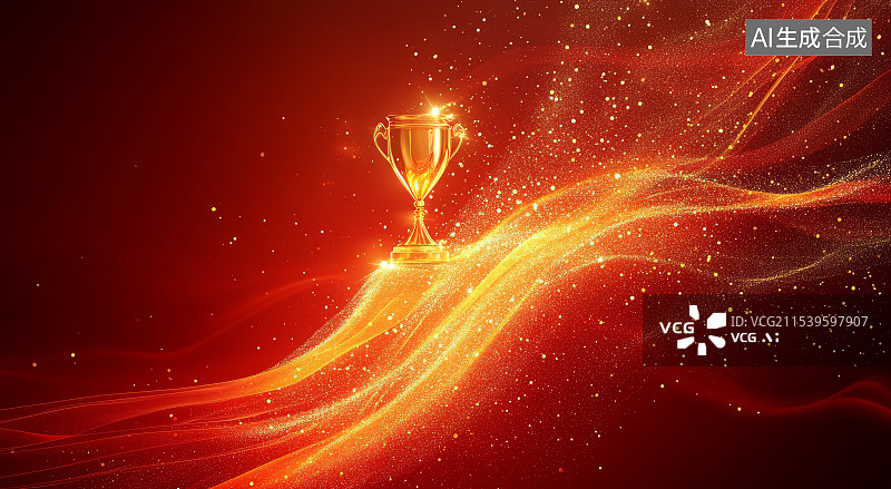 【AI数字艺术】金色奖杯与红色飘带背景图片素材