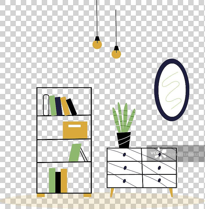 带有橱柜和镜子的客厅室内设计图片素材