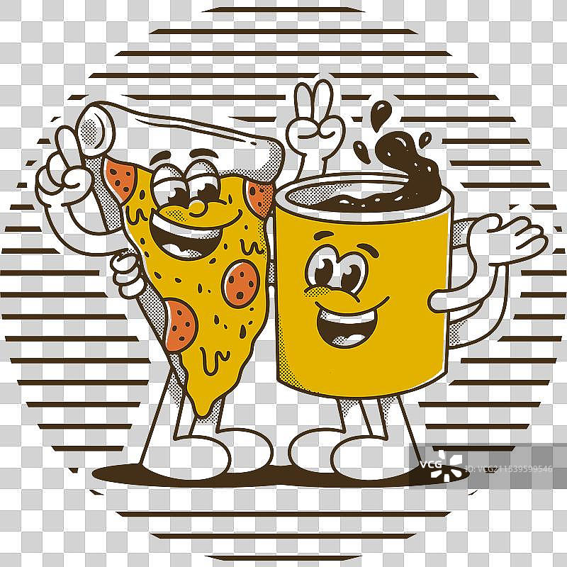 咖啡杯和一片披萨的吉祥物角色图片素材