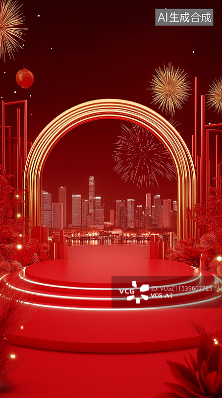 【AI数字艺术】新年喜庆红色背景——红色产品展台与灯笼、抽象城市天际线以及绽放的烟花图片素材