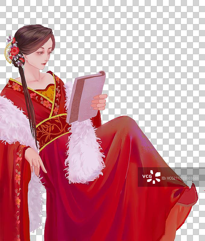 红衣古风汉服古装女人披帛毛领坐着看书学习图片素材
