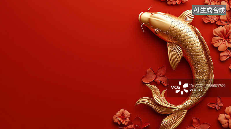 【AI数字艺术】春节主题中国风红色背景——金色鲤鱼跃龙门图片素材