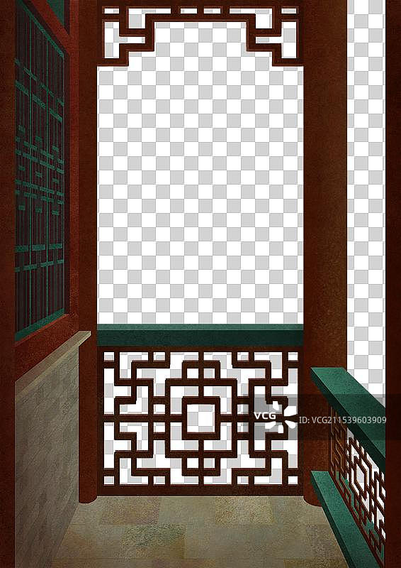 中式复古典传统建筑走廊连廊回廊柱子栏杆图片素材