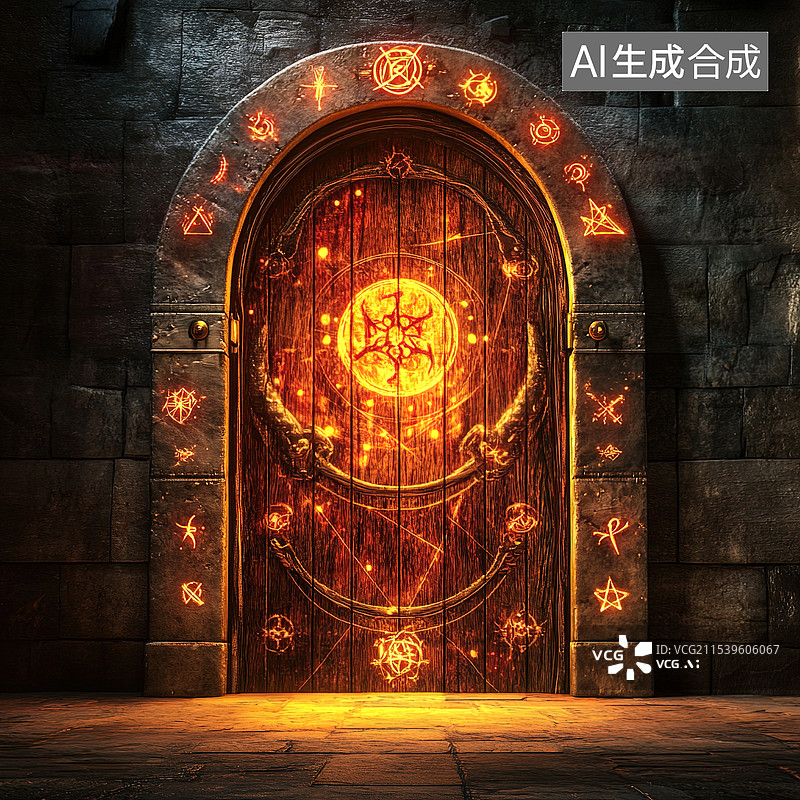 【AI数字艺术】发光霓虹门图标高级中国风游戏符号金属金箔效果。奢华应用深色背景上的抽象设计内部发光图片素材