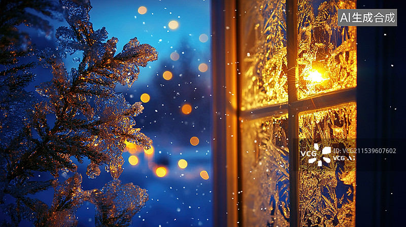 【AI数字艺术】冬天圣诞节节日夜晚窗花窗户结冰寒冷节气小雪大雪背景图片素材