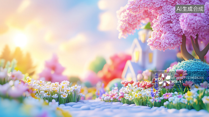 【AI数字艺术】3D卡通梦幻春日童话小镇图片素材