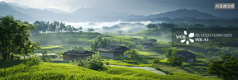 【AI数字艺术】自然清新户外绿色草地雷雨天空背景度假旅游图片素材