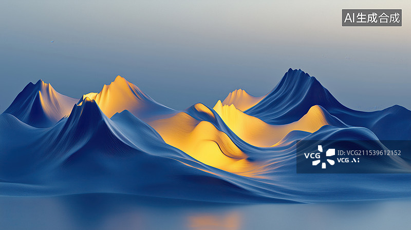 【AI数字艺术】艺术抽象金色蓝色高耸起伏的山脉3D立体插画图片素材