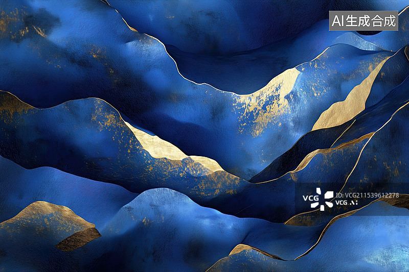 【AI数字艺术】艺术抽象金色蓝色高耸起伏的山脉3D立体插画图片素材