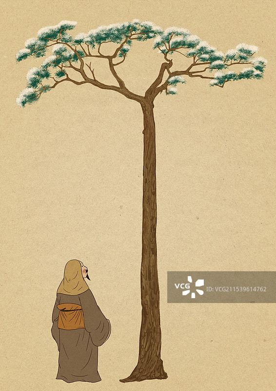 中国风新中式古风古典传统文化雪松树下雪天古装古人古代古时候国学经典汉服生活方式老人老者人物卡通插画图片素材