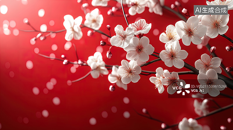 【AI数字艺术】红底白梅绽放图图片素材