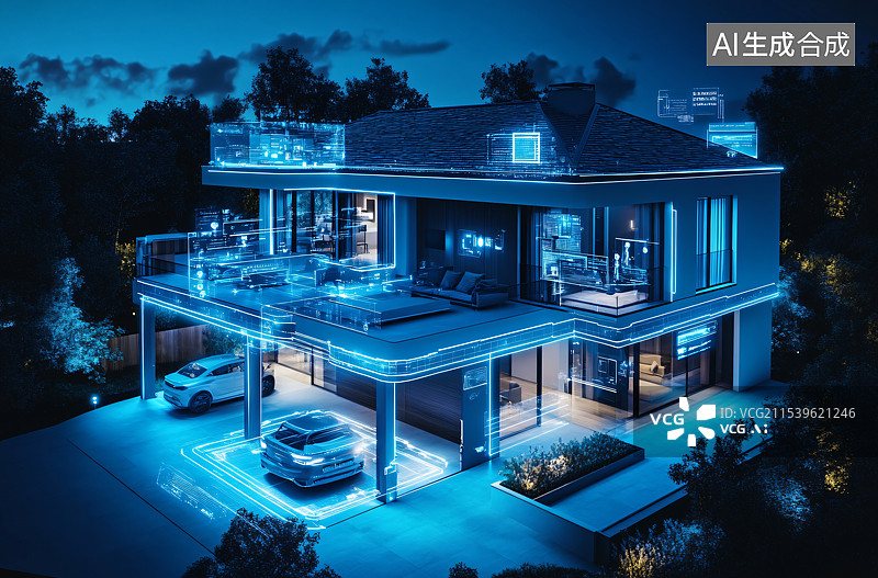 【AI数字艺术】夜晚的未来感别墅，闪烁的全息影像，配备先进的智能家居技术和物联网整合，打造创新且互联的生活体验。图片素材
