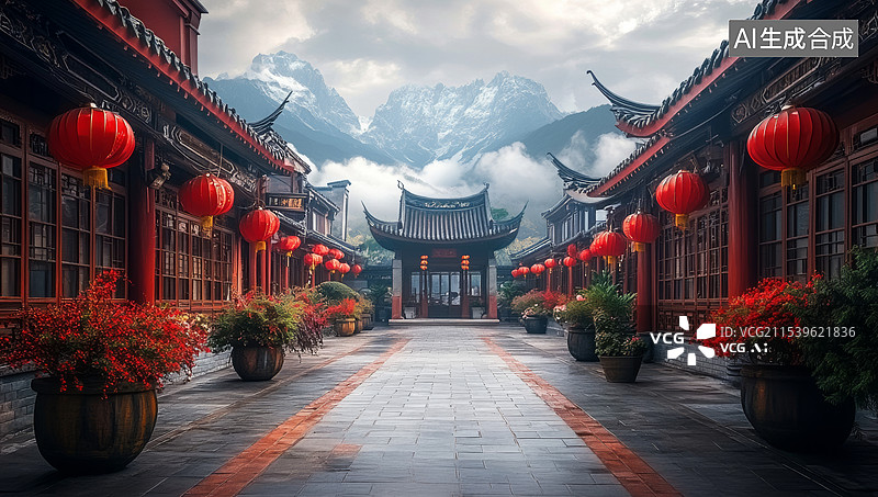 【AI数字艺术】一条充满传统中国风情的街道。街道两旁是古色古香的建筑，装饰着红色的灯笼和鲜艳的花朵，给人一种节日的喜图片素材