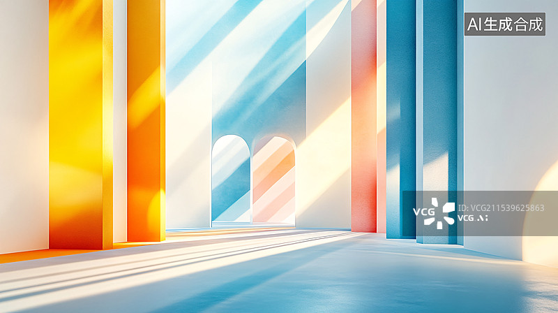 【AI数字艺术】宁静而现代的室内场景，蓝色和白色墙壁柱子，阳光投射出长长的阴影，空间感，神秘氛围图片素材