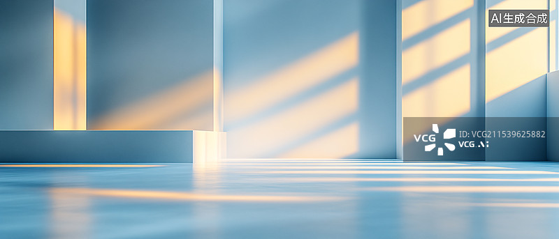 【AI数字艺术】宁静而现代的室内场景，蓝色和白色墙壁柱子，阳光投射出长长的阴影，空间感，神秘氛围图片素材