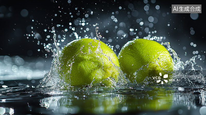 【AI数字艺术】水中漂浮的青柠特写图片素材