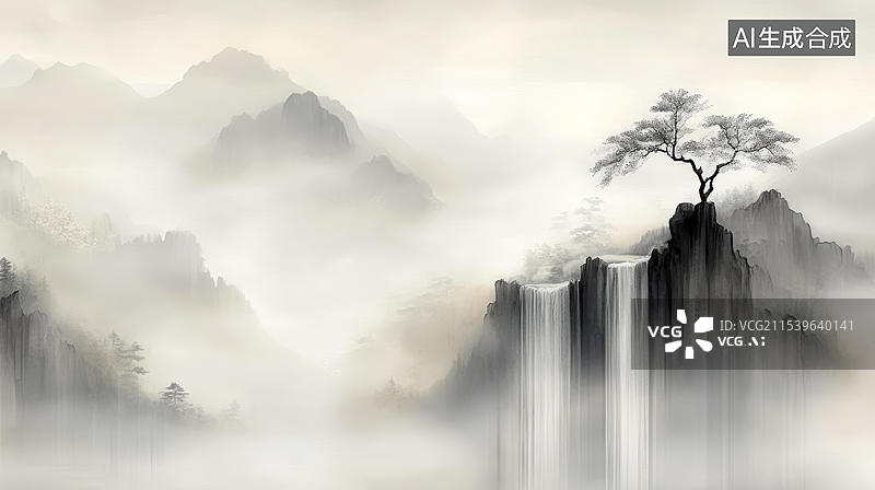 【AI数字艺术】水墨山水瀑布图图片素材