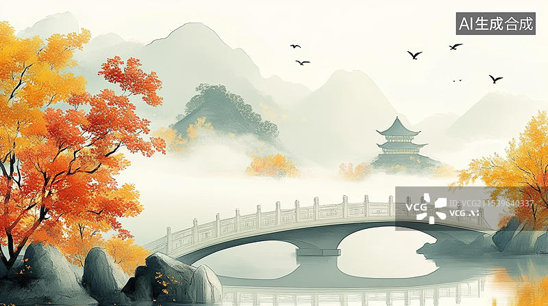 【AI数字艺术】秋山美景与古桥图片素材