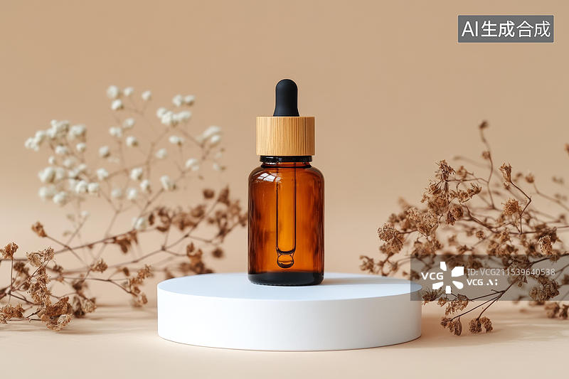 【AI数字艺术】棕色滴管瓶摆放在白色圆形托盘上的自然花卉静物图图片素材