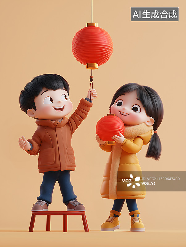 【AI数字艺术】挂灯笼的男孩和女孩图片素材