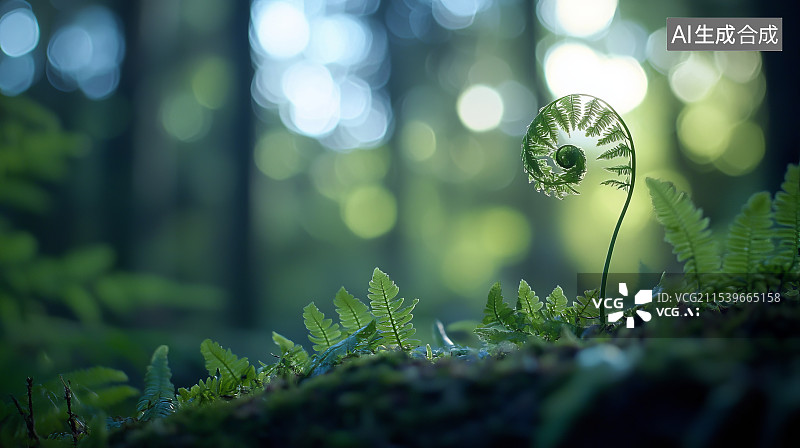 【AI数字艺术】森林中新生的蕨类植物卷曲叶图片素材